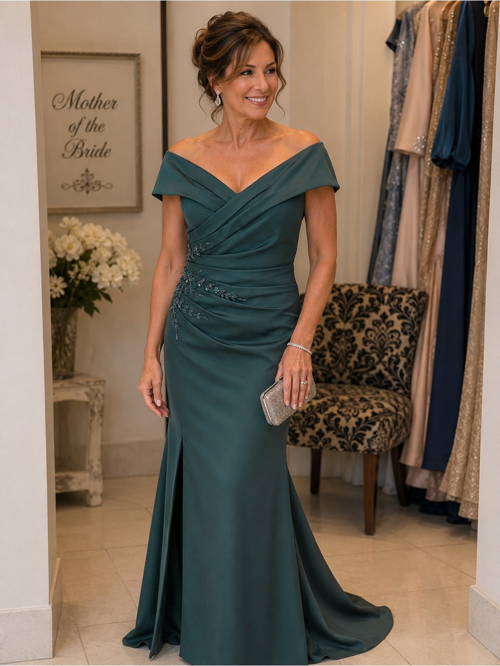 Off-Shoulder Hunter Green Evening Gown with Side Embellishment size 18 MV1235